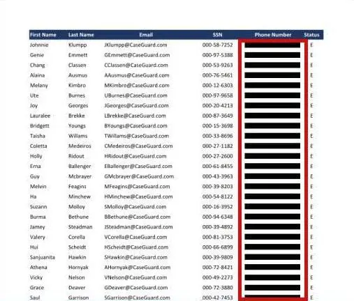 phone-numbers-redacted-e1772135334716 | CaseGuard Spreadsheet-style contact list with names, emails, masked SSNs, phone numbers, and status (blue header). The sensitive fields are redacted for privacy.