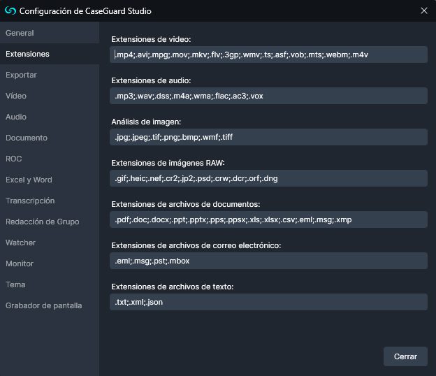 Extensions settings panel in Spanish