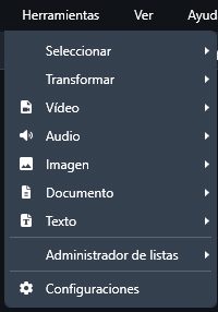 Tools Dropdown menu in Spanish