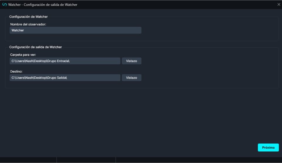 Watcher Configuration Window in Spanish