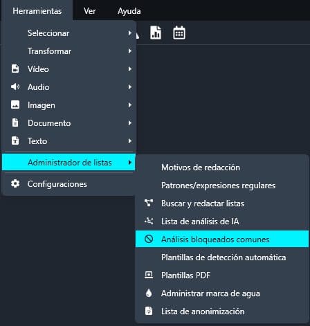 Tools Dropdown with Block List selected in Spanish