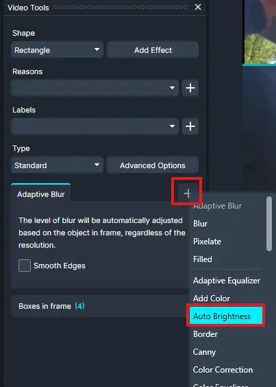 Screenshot of a Video Tools panel showing the Adaptive Blur options; a plus button is highlighted to add effects, and 'Auto Brightness' is selected in the dropdown.