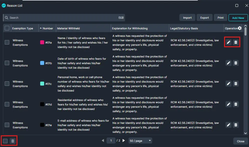 Reason List window showing a table of witness exemptions with checkboxes and action icons; each row has edit and delete options (delete icons highlighted). Includes a bulk delete control at bottom-left.
