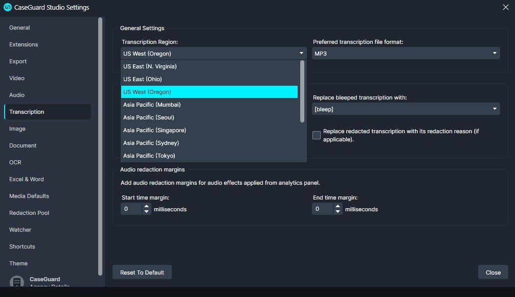 CaseGuard's transcription settings window