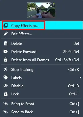 Screenshot of a software context menu with 'Copy Effects to...' highlighted; other options visible include Edit Effects, Delete, Stop Tracking, Labels, Disable, Lock, Bring to Front, and Send to Back.