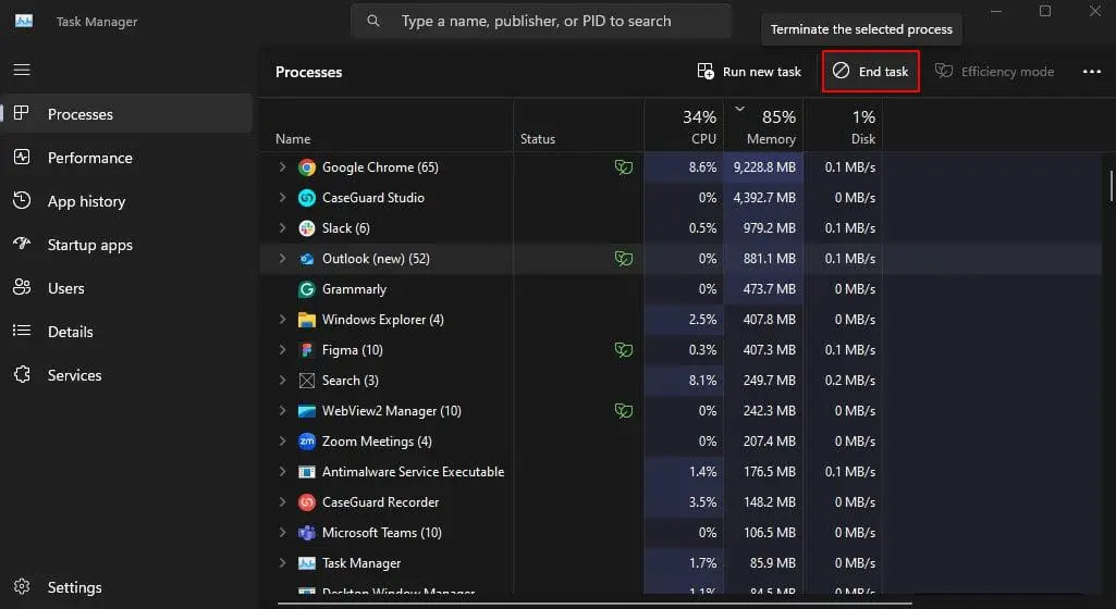 Windows Task Manager: Processes tab with a list of apps and resource columns; the End task button is circled in red at the top.