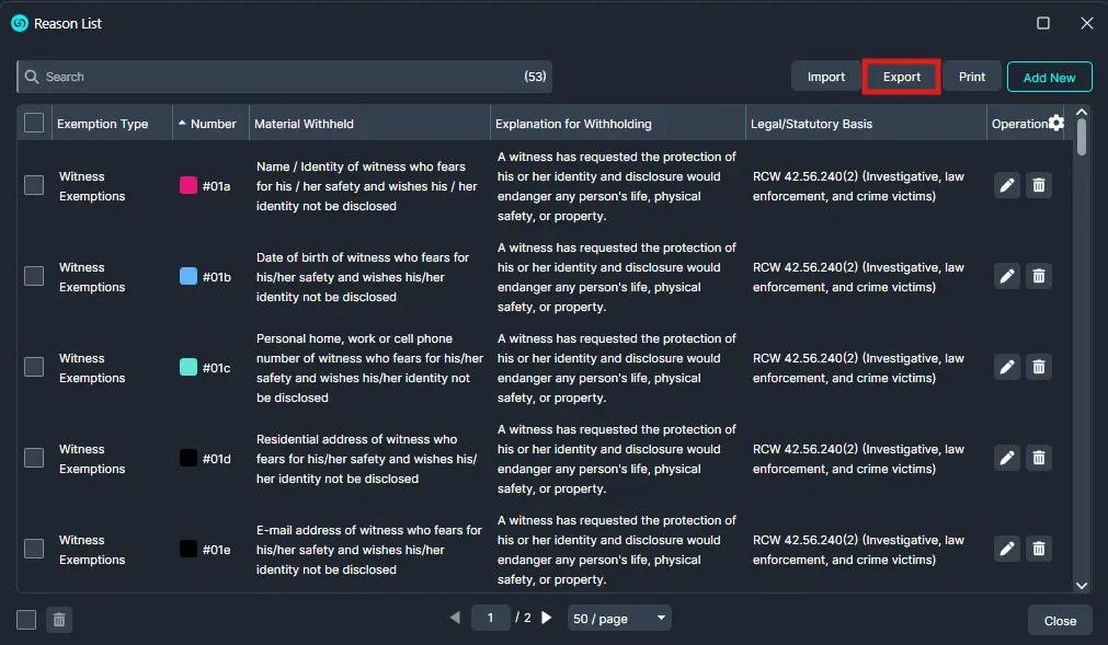 Reason List window with a table of witness exemptions and an Export button highlighted at the top. Guarded dark UI theme visible.