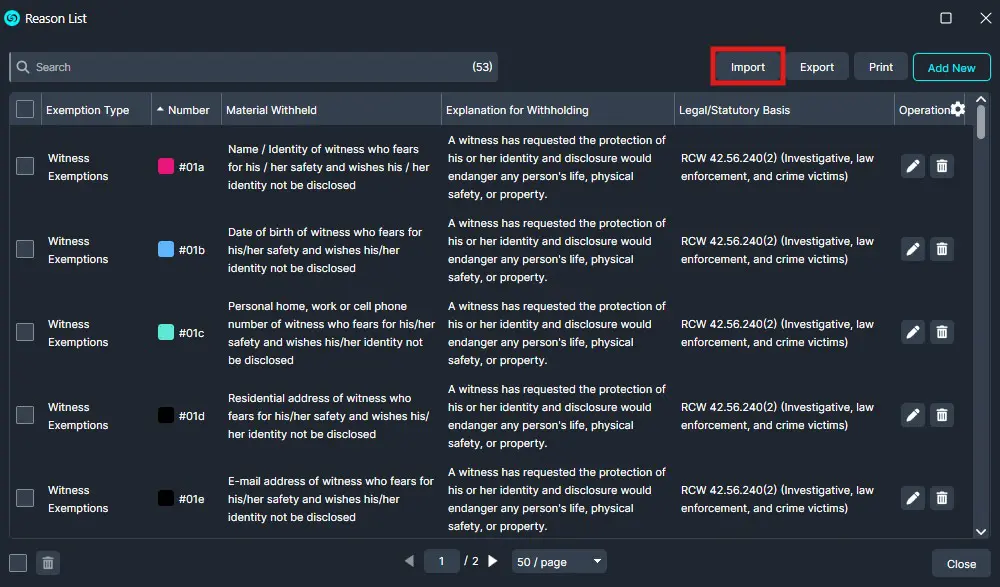 UI of a data table titled Reason List: search bar, Import/Export/Print/Add New actions, and a list of witness exemptions with multiple columns (Type, Number, Material Withheld, Explanation, Legal Basis).