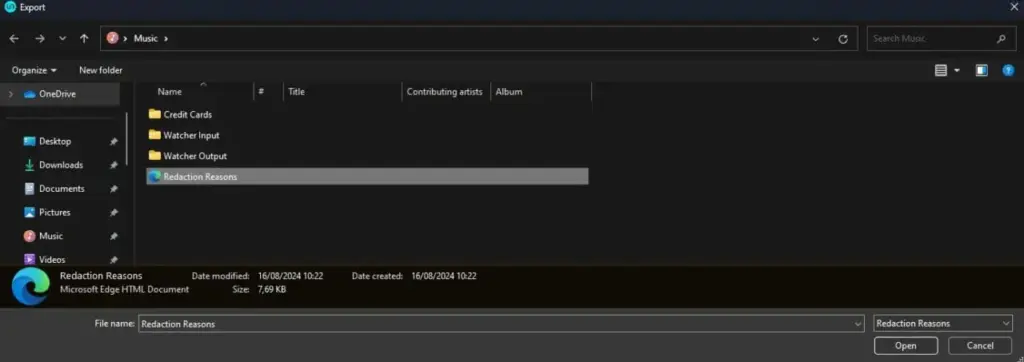 Windows Save As dialog in dark theme, saving a Microsoft Edge HTML document named 'Redaction Reasons' in the Music folder; left pane shows OneDrive and folders like Desktop, Documents, Music, Pictures.