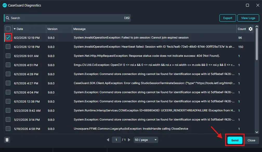 CaseGuard Diagnostics window with a log list; a row is selected and the Send button is highlighted to send logs.