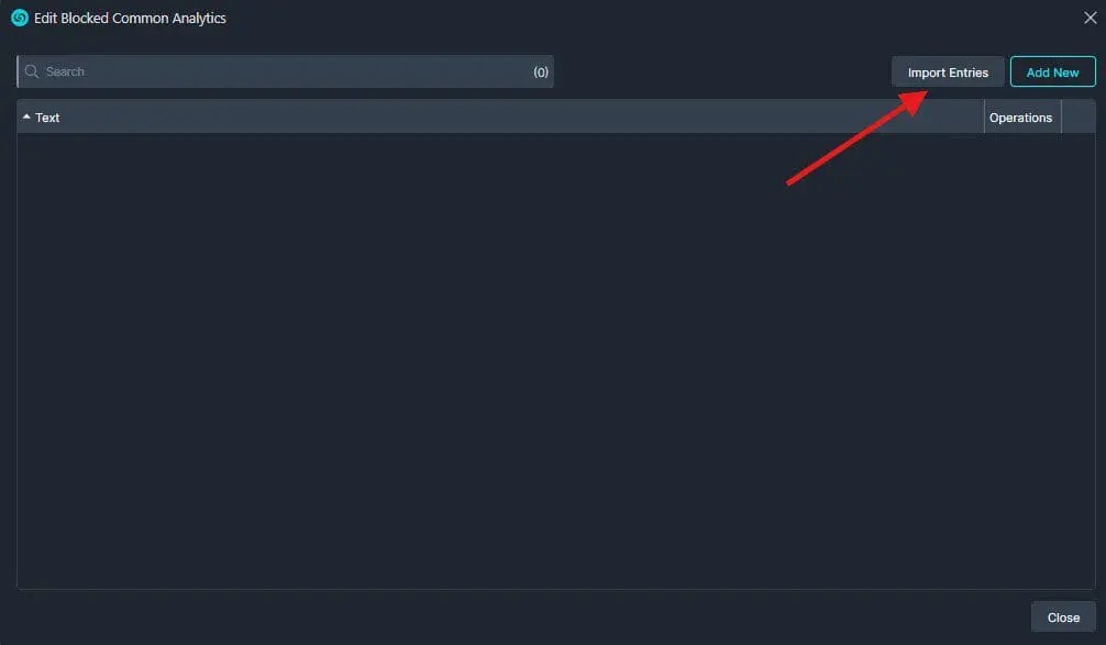 Dialog titled 'Edit Blocked Common Analytics' with an 'Import Entries' button and a highlighted 'Add New' button in a dark UI theme.