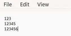 Screenshot of a text editor showing a File Edit View menu and three lines: 123, 12345, 123456.