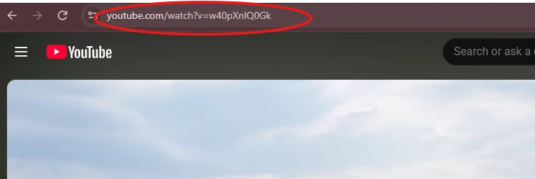 Browser window showing a YouTube watch URL in the address bar above a YouTube video thumbnail.