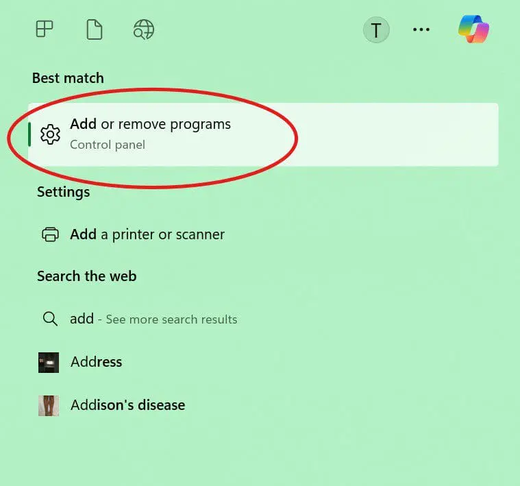 Windows Start menu showing the best match: Add or remove programs (Control Panel), highlighted with a red circle/outline on the left area.