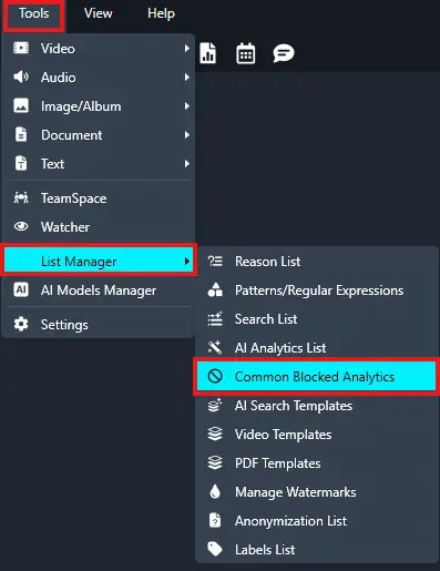 Dark UI menu: Tools > List Manager > Common Blocked Analytics highlighted (selected).