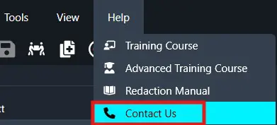 Open Help menu showing Contact Us as the highlighted option with a phone icon