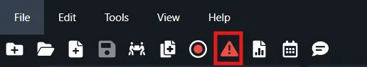 Software toolbar with common action icons; red-outlined warning/error icon in center.