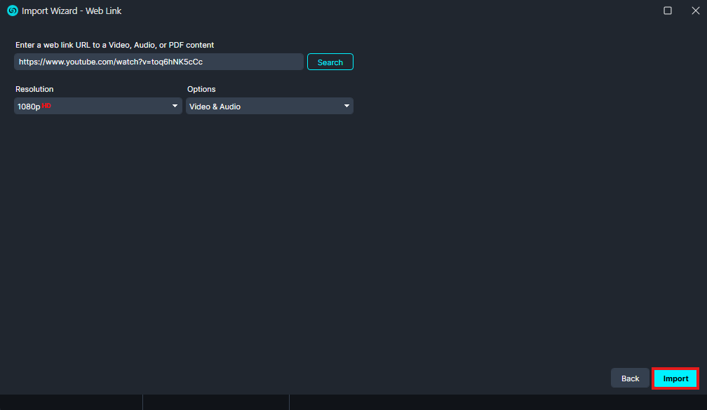 Import wizard showing a URL field with a video link, Search button, 1080p HD, Video & Audio options, and Back/Import buttons.