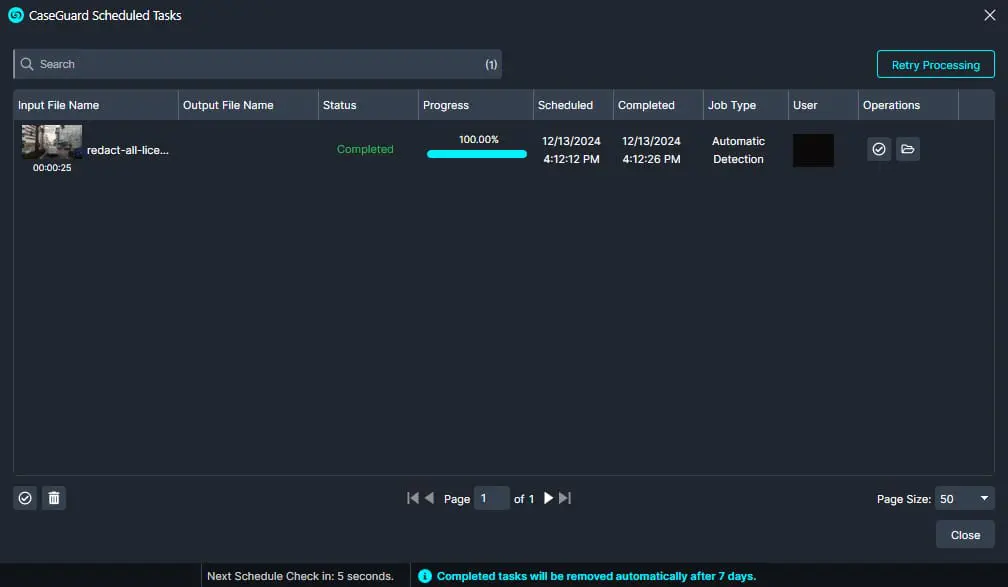 scheduled-tasks-window | CaseGuard CaseGuard Scheduled Tasks window showing a single completed job: redact-all-li..., 100% progress, Automatic Detection, scheduled and completed 12/13/2024.