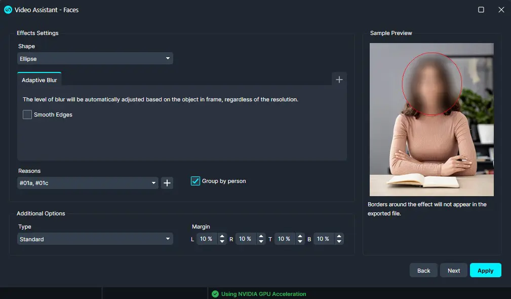UI screenshot of a face blur tool: Ellipse shape selected with Adaptive Blur; sample preview shows a person with a red circle around the face to be blurred.