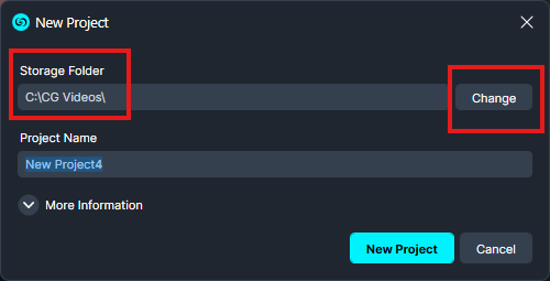 New Project dialog showing Storage Folder C:CG Videos with a Change button, Project Name field set to New Project4, and action buttons New Project and Cancel.
