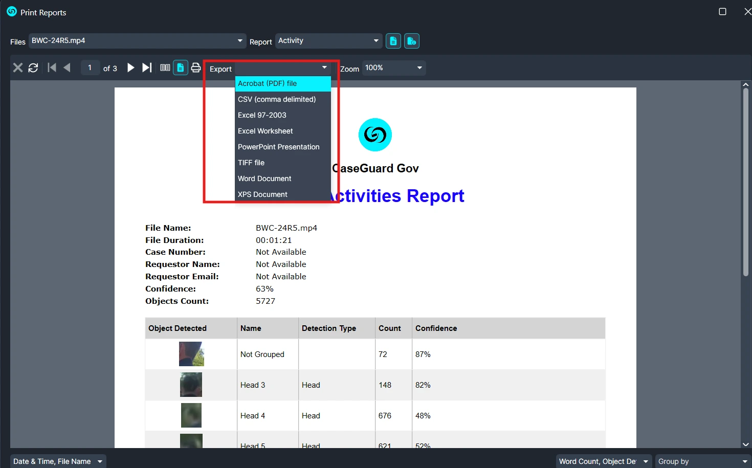 Export-options | CaseGuard Screenshot of a report viewer with an expanded Export menu showing formats (Acrobat PDF, CSV, Excel, Word, PowerPoint, TIFF, XPS). Lead heading reads 'Activities Report' with CaseGuard logo above it.