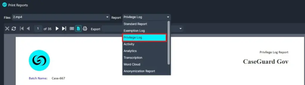 Privilege-log-report | CaseGuard UI screenshot showing a dropdown with Privilege Log selected and a Privilege Log Report for CaseGuard Gov.