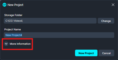 Project-More-Information | CaseGuard New Project dialog with storage path C:CG Videos, project name 'New Project4', a 'Change' button, a collapsible 'More Information' section, and action buttons 'New Project' and 'Cancel'