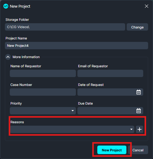 Project-Reasons | CaseGuard New Project dialog: fields for folder, project name, requester name/email, case number/date, priority/due date, reasons with add, and a highlighted New Project button.