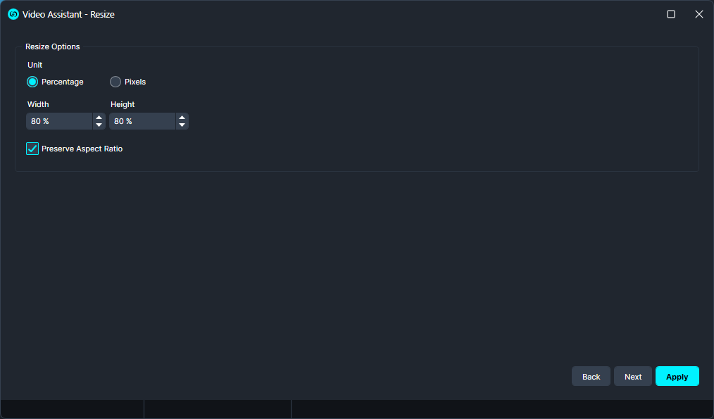 Video Assistant resize dialog with Percentage unit; Width 80%, Height 80%; Preserve aspect ratio checked; Back, Next, Apply buttons.