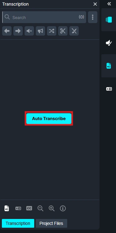 Transcribe-button | CaseGuard Transcription tool UI with a bright blue'Auto Transcribe' button centered on a dark panel, ready to start automatic transcription