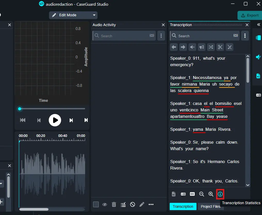 Transcription-Statistics | CaseGuard Interface of transcription app showing audio player, waveform, and a transcript panel with speaker labels (Speaker_0, Speaker_1).