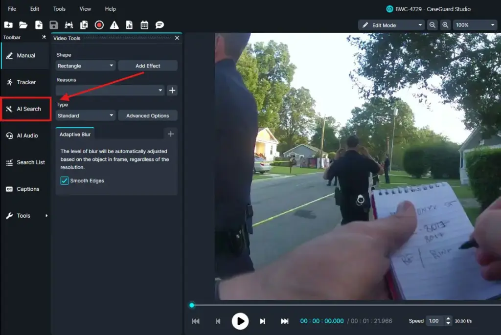 Screenshot of video editor UI with AI Search tab selected on the left; video preview shows a police officer and a person writing notes on a suburban street.
