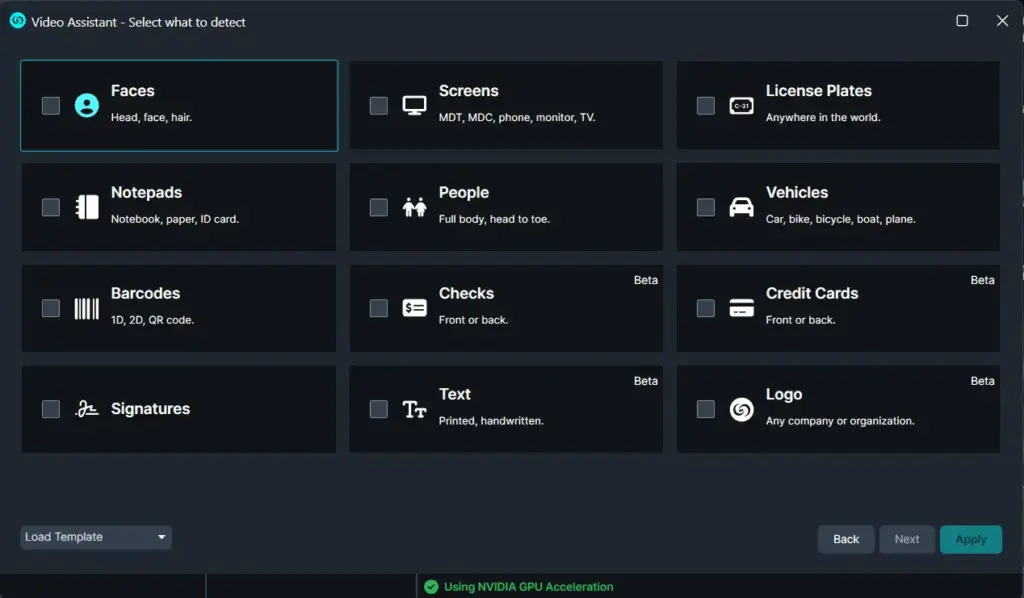Video Assistant detect options: grid of cards for Faces, Screens, License Plates, Notepads, People, Vehicles, Barcodes, Checks, Credit Cards, Signatures, Text, and Logo with checkboxes.