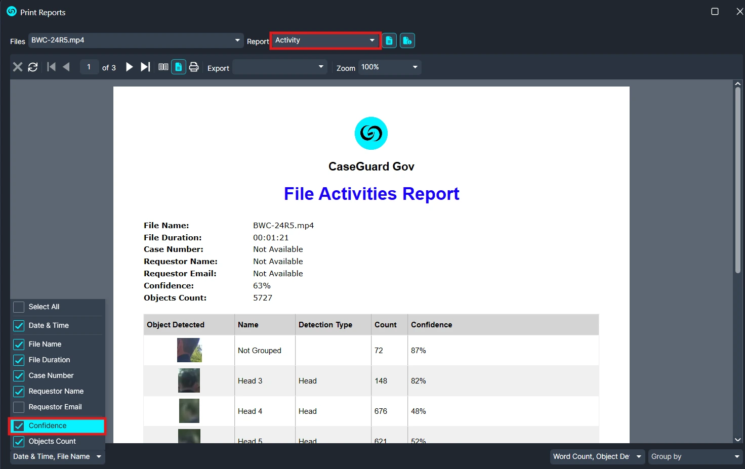 confidence-select | CaseGuard Screenshot of a 'File Activities Report' preview in CaseGuard Gov, showing header, logo, and a table of detected objects with counts and confidence.
