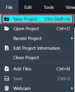 File menu open with New Project highlighted and shortcut Ctrl+Shift+N