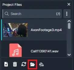 Project Files panel with search bar, showing AxonFootage3.mp4 and Call11390141.wav, and a red-highlighted folder/action button at the bottom.