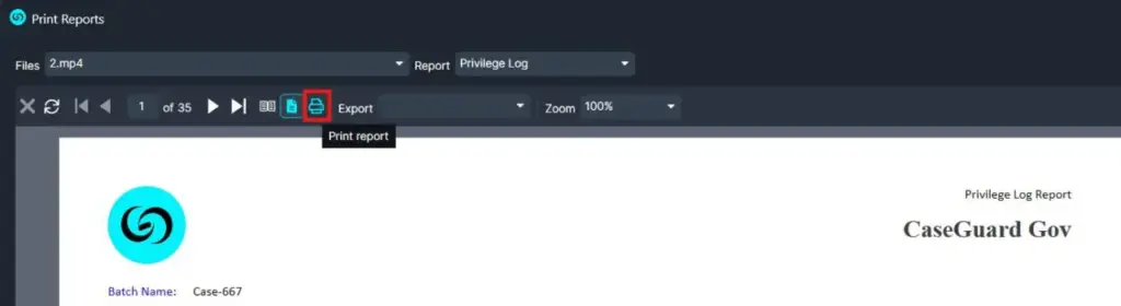 print-report | CaseGuard Screenshot of a report viewer toolbar with the Export button highlighted; the document shown is a Privilege Log report for CaseGuard Gov.