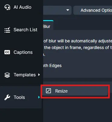 Dark UI left sidebar with menu items (AI Audio, Search List, Captions, Templates, Tools) and a red-outlined, highlighted Resize button.