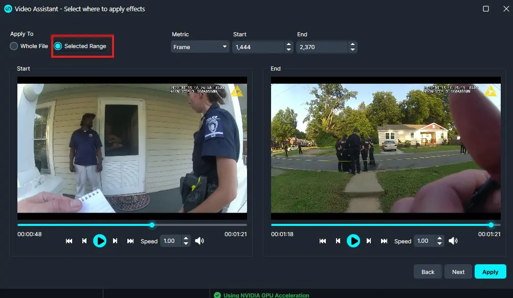 Video editor screenshot showing Selected Range mode; two preview frames (porch scene with officer, street scene) and playback controls.
