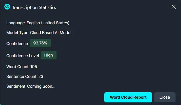 statistics | CaseGuard Transcription Statistics modal showing language, Cloud AI model, 93.8% confidence (High), 195 words, 23 sentences; sentiment coming soon; Word Cloud Report button.