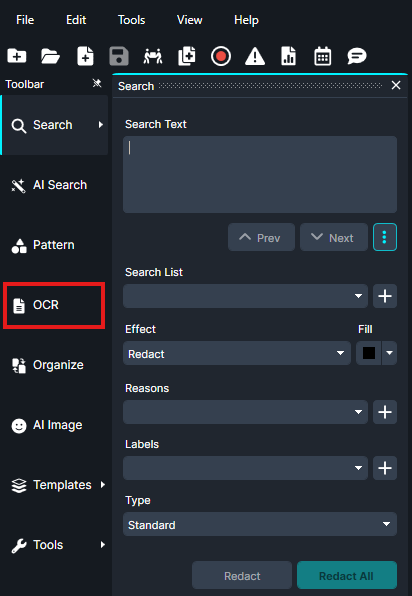 OCR-Toolbar | CaseGuard Screenshot of a dark software interface; OCR option in the left sidebar is outlined in red.