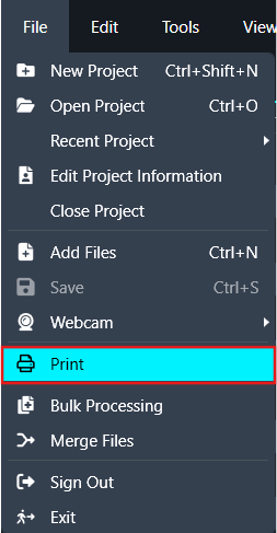 Dark UI dropdown menu showing project options; highlighted Print item among New/Open/Recent Project, Edit/Close Project, Add Files, Save, Webcam, Bulk Processing, Merge Files, Sign Out, Exit.