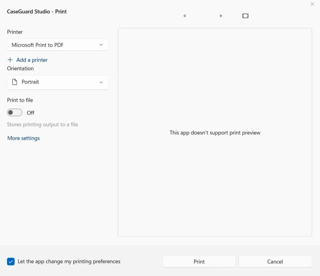 Print dialog for CaseGuard Studio; printer set to Microsoft Print to PDF, Portrait orientation, print-to-file off; preview area shows 'This app doesn’t support print preview'.