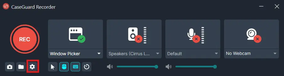 record-settings | CaseGuard CaseGuard Recorder UI with a large red REC button on the left, four panels labeled Window Picker, Speakers, Default, No Webcam, and a highlighted Settings gear icon at bottom left, plus playback/control icons.