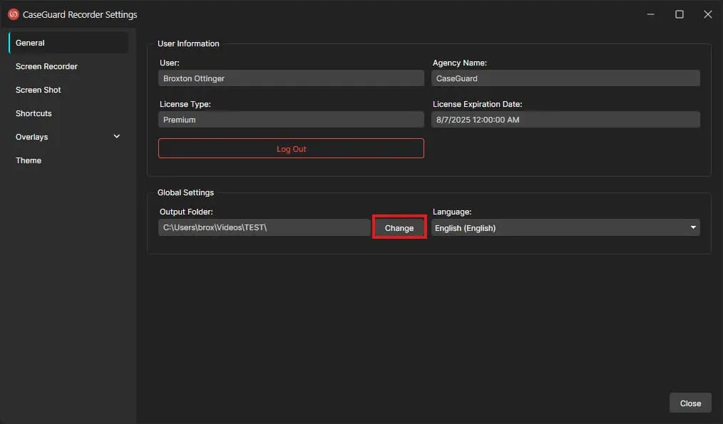 screen-recording-settings-change | CaseGuard CaseGuard Recorder Settings: General tab showing user info, license type, and expiration date with a Log Out button and Global Settings below