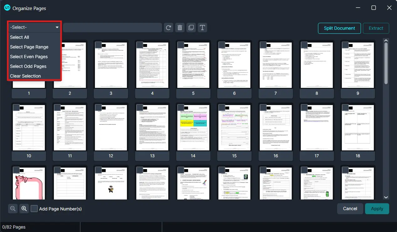 Page organizer UI with a grid of page thumbnails and a -Select- dropdown offering options like Select All, Select Page Range, Select Even/Odd Pages, Clear Selection.
