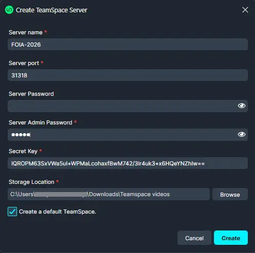 Create-TeamSpace-Server-1 | CaseGuard Dialog titled 'Create TeamSpace Server' with form fields: Server name, Server port, Server Password, Server Admin Password, Secret Key, Storage Location, a 'Create a default TeamSpace' checkbox, and Cancel/Create actions.