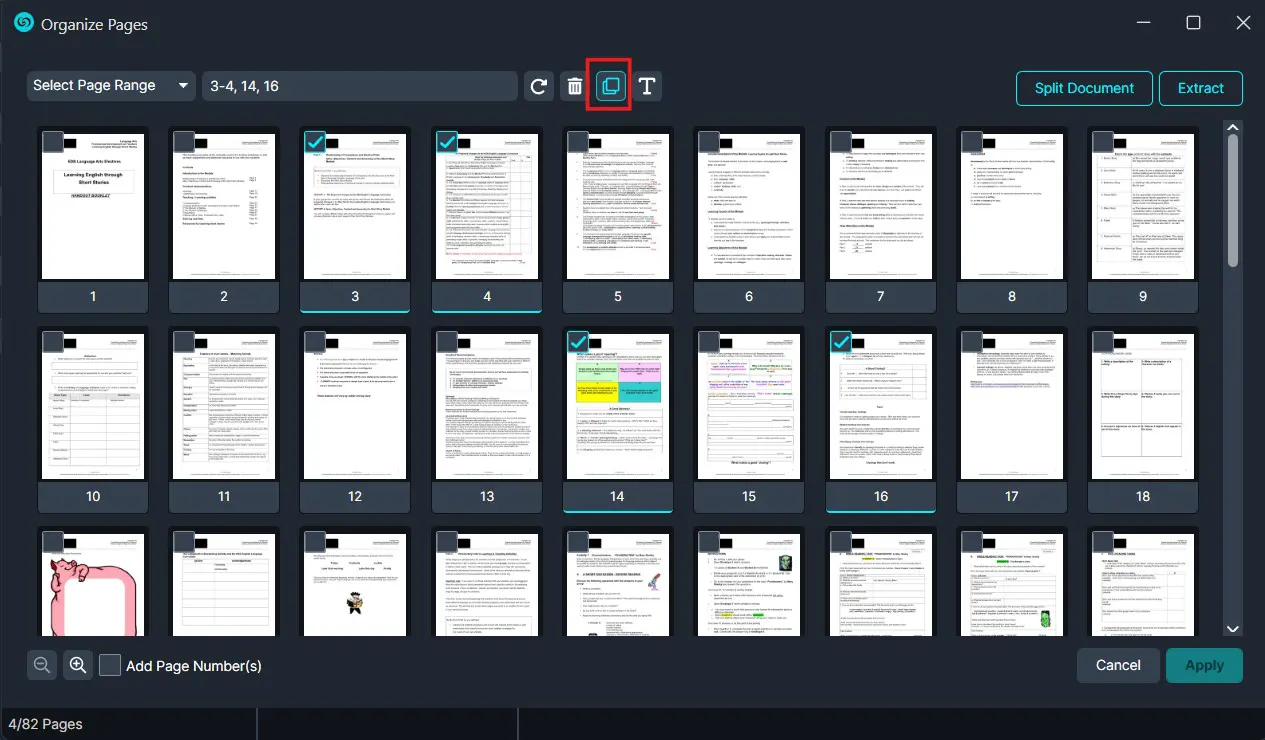 DD-1 | CaseGuard Screenshot of a PDF page organizer UI with page thumbnails, several pages selected, and Split/Extract buttons visible at the top.