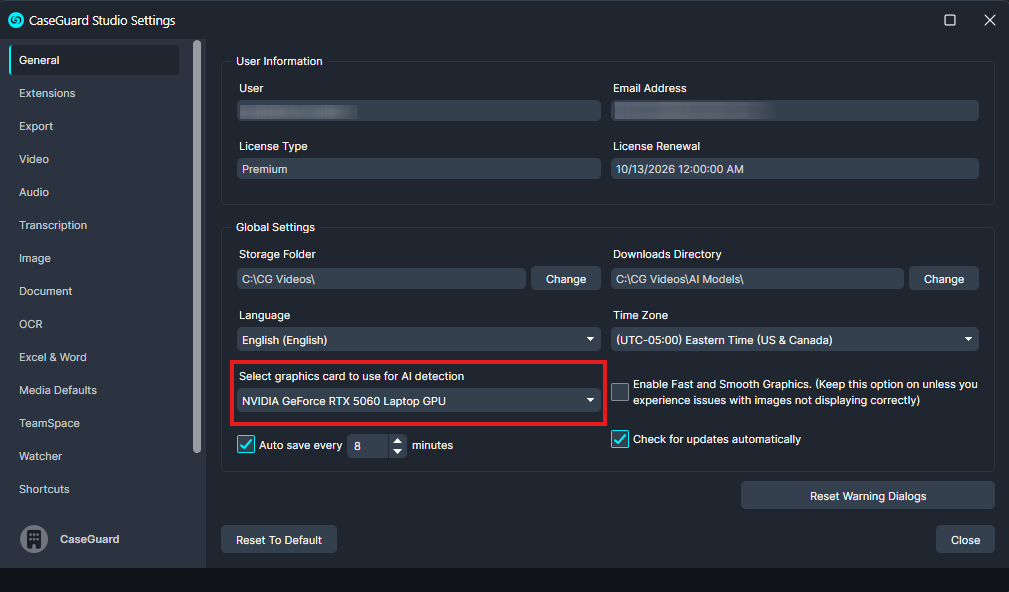 GPU | CaseGuard CaseGuard Studio Settings: General tab showing GPU selection set to NVIDIA GeForce RTX 5060 Laptop GPU.